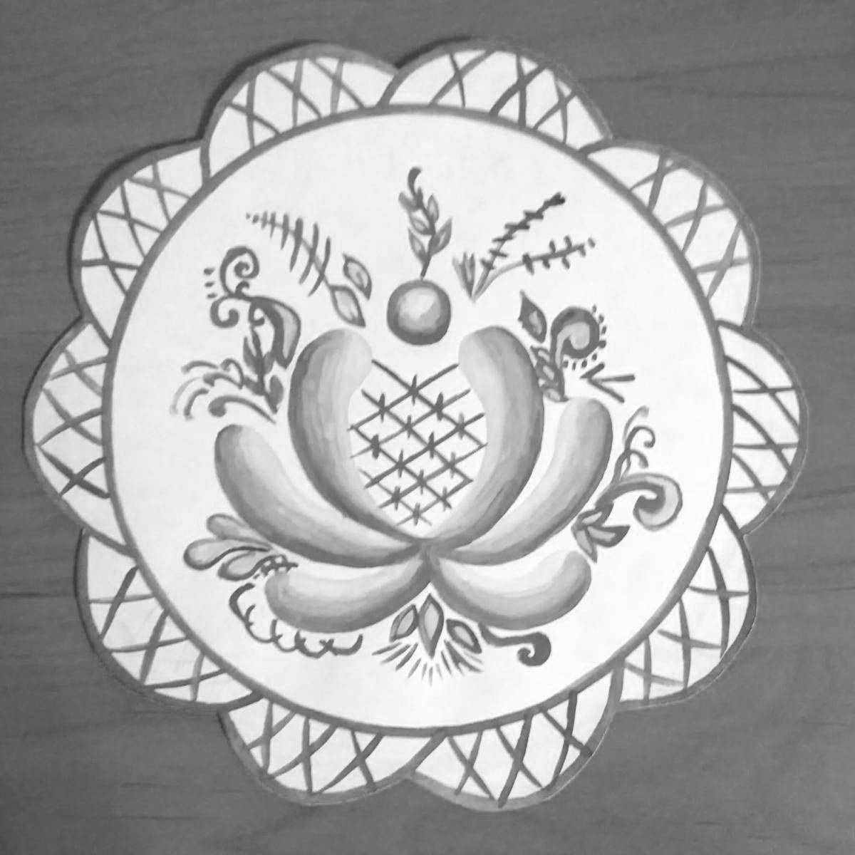 Coloring book playful Gzhel plate