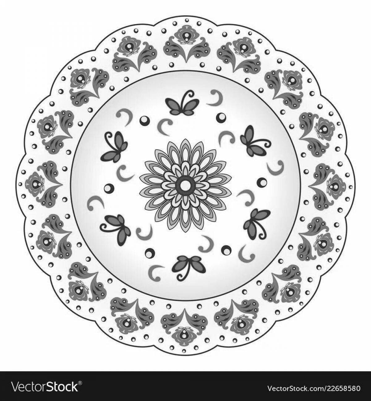 Coloring page for colorful and detailed Gzhel plate