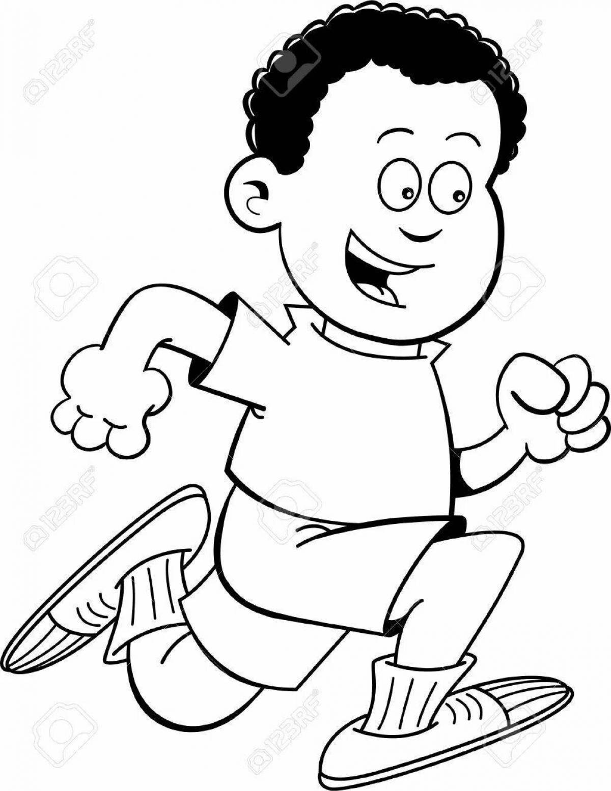 Coloring page cheerful running boy