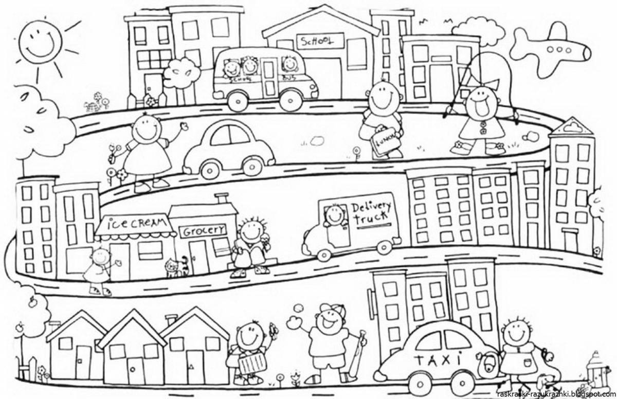 Coloring book bright city street