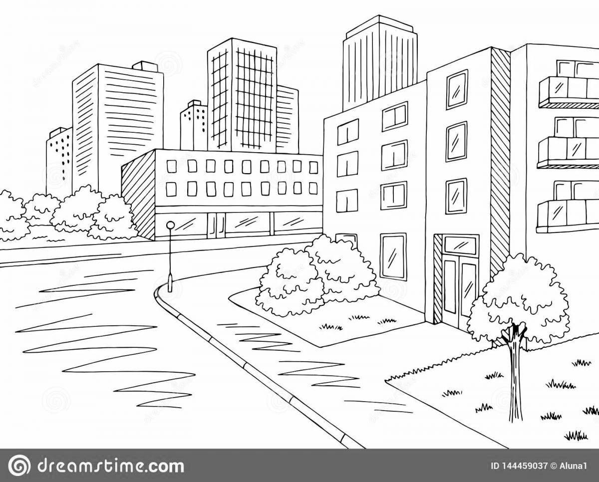 Coloring page cheerful city street
