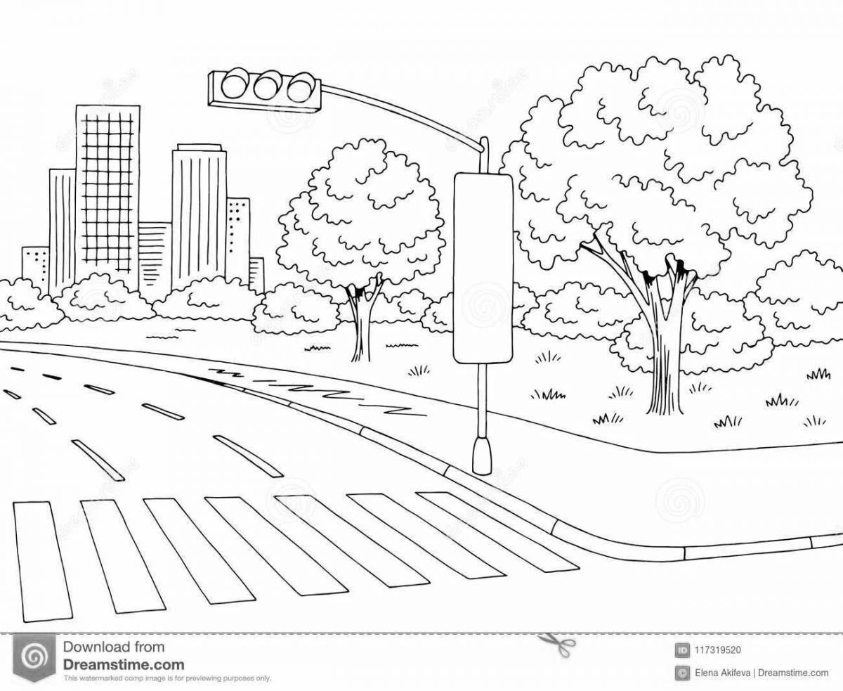 Coloring page inviting city street