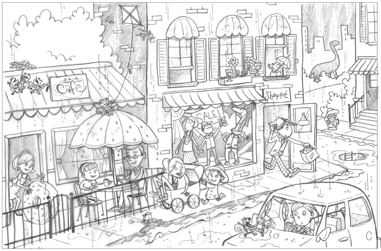 Coloring page quirky city street