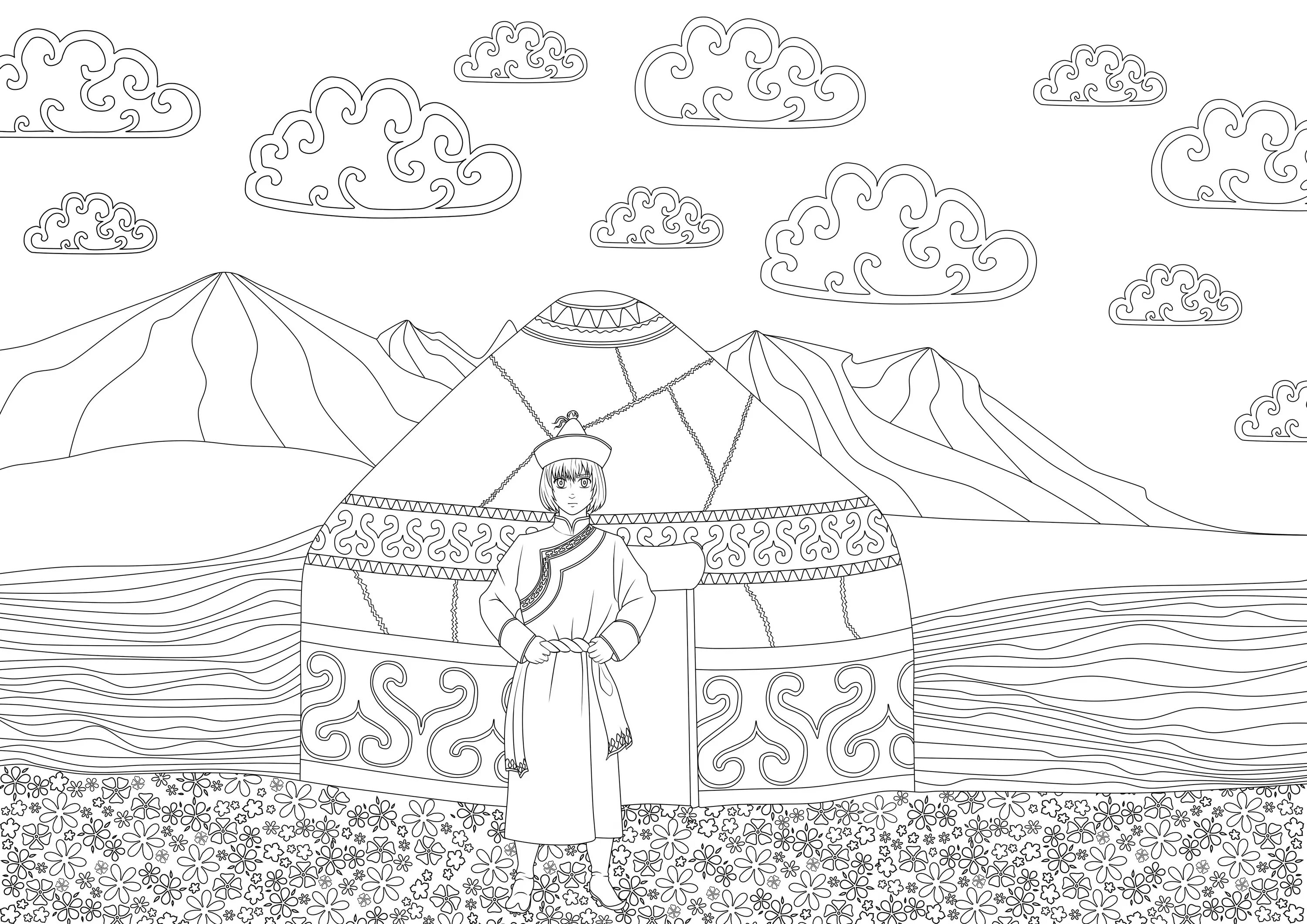 Coloring page stylish bashkir yurt