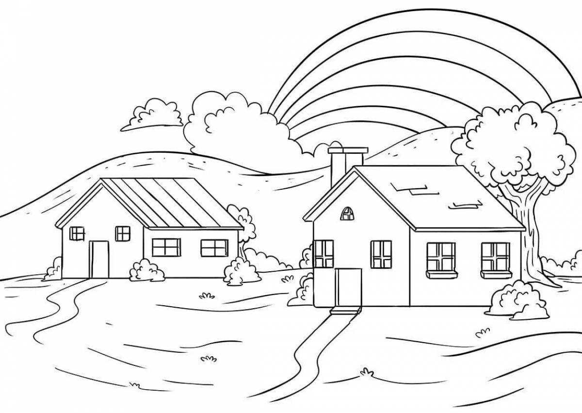 Coloring page of a magnificent village house