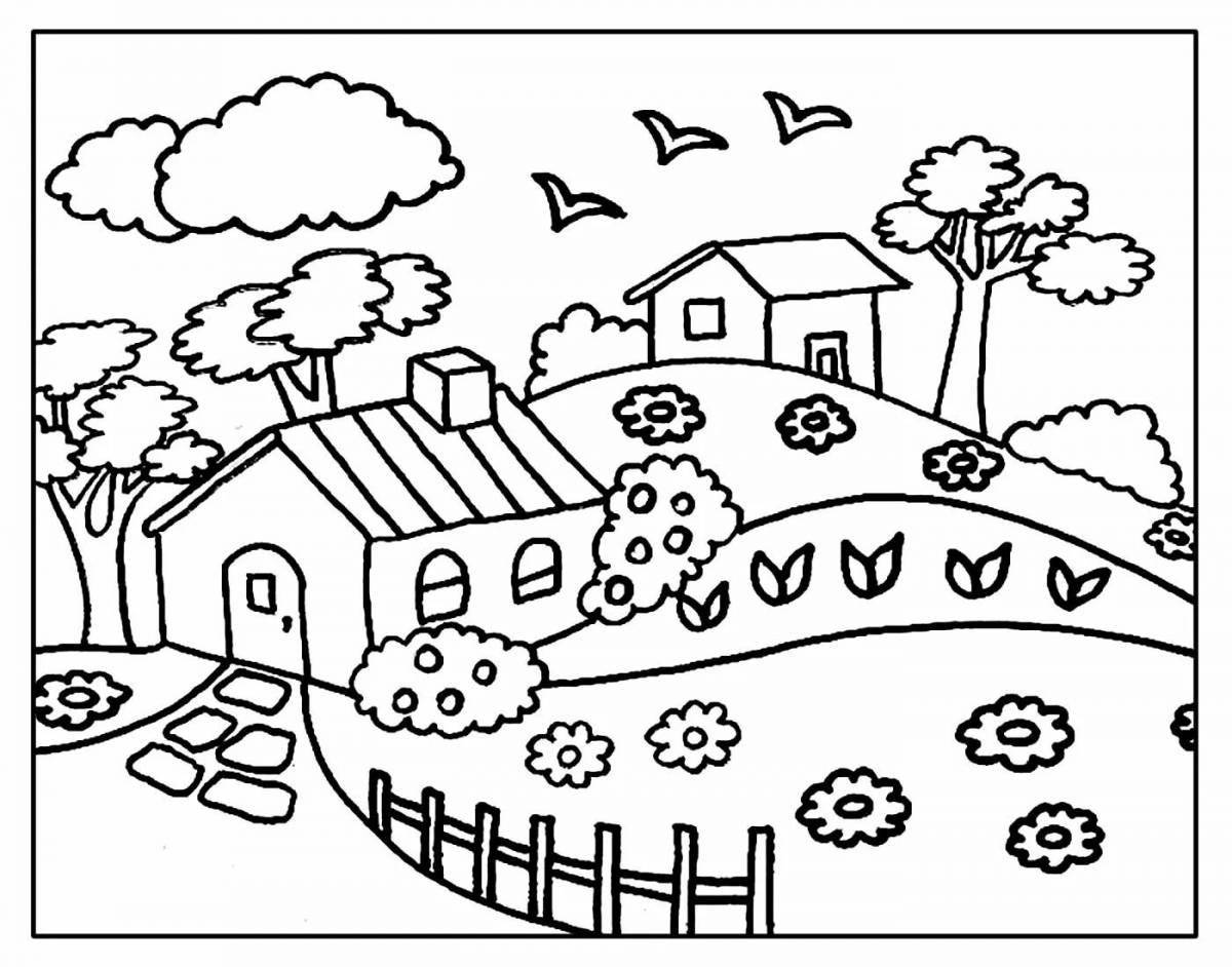 Coloring page of a joyful country house