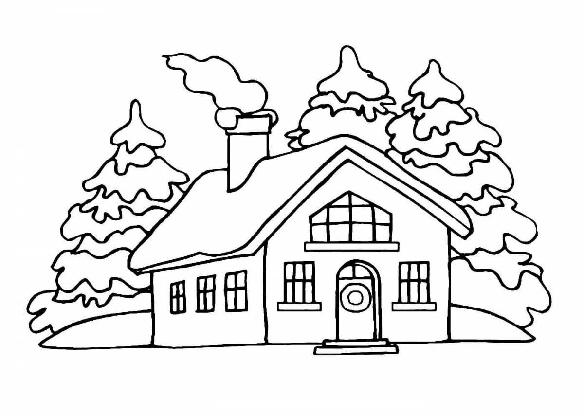 Coloring page of a village house filled with flowers
