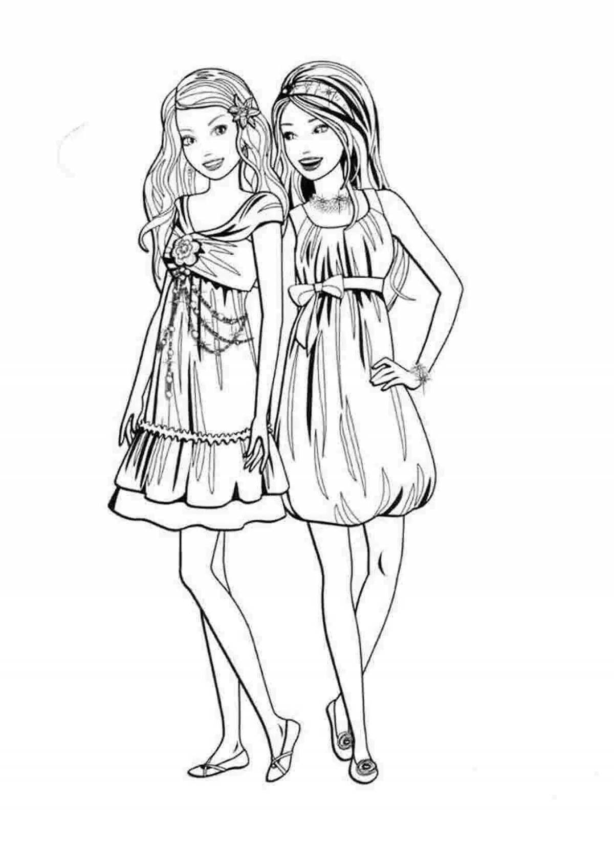 Playful coloring page of two sisters