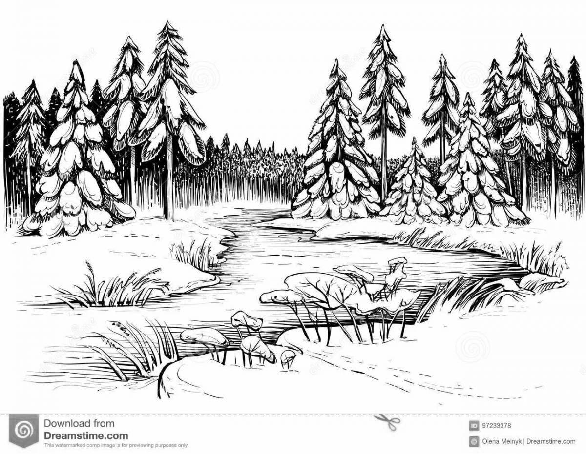 Coloring green spruce forest
