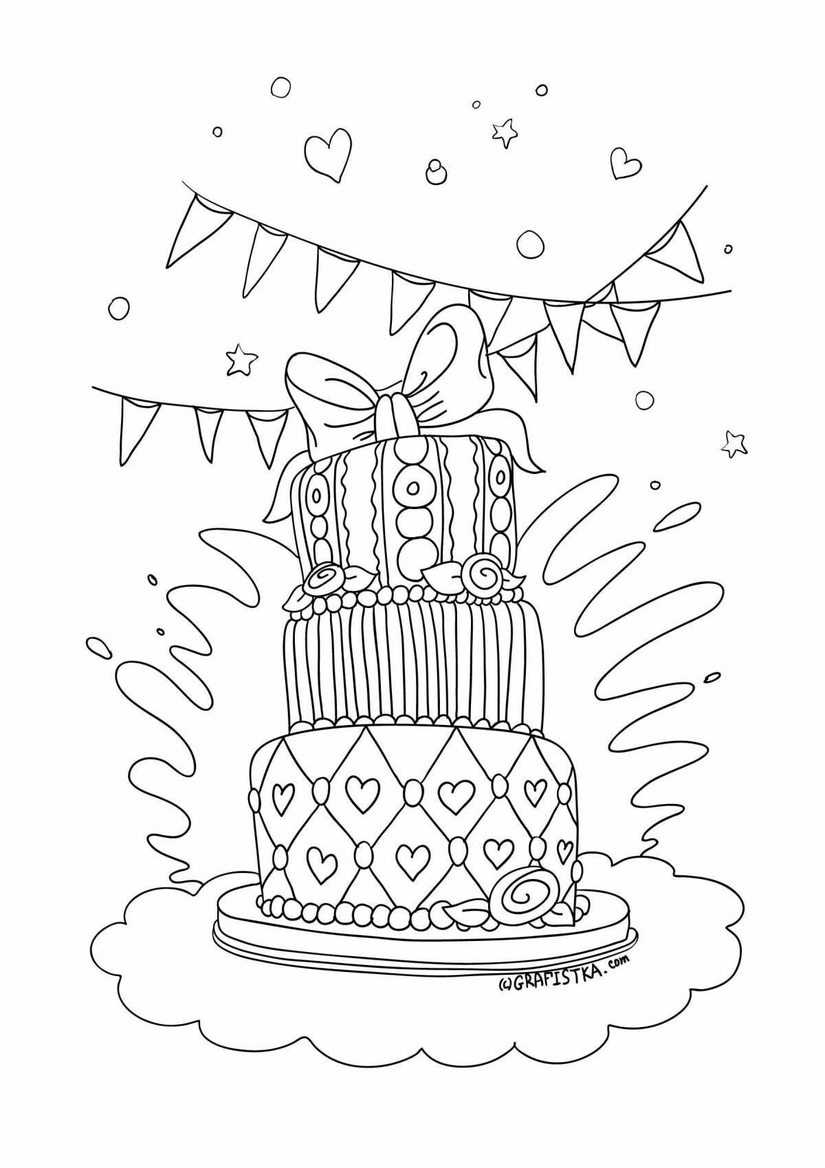 Игривая страница раскраски торта ко дню рождения