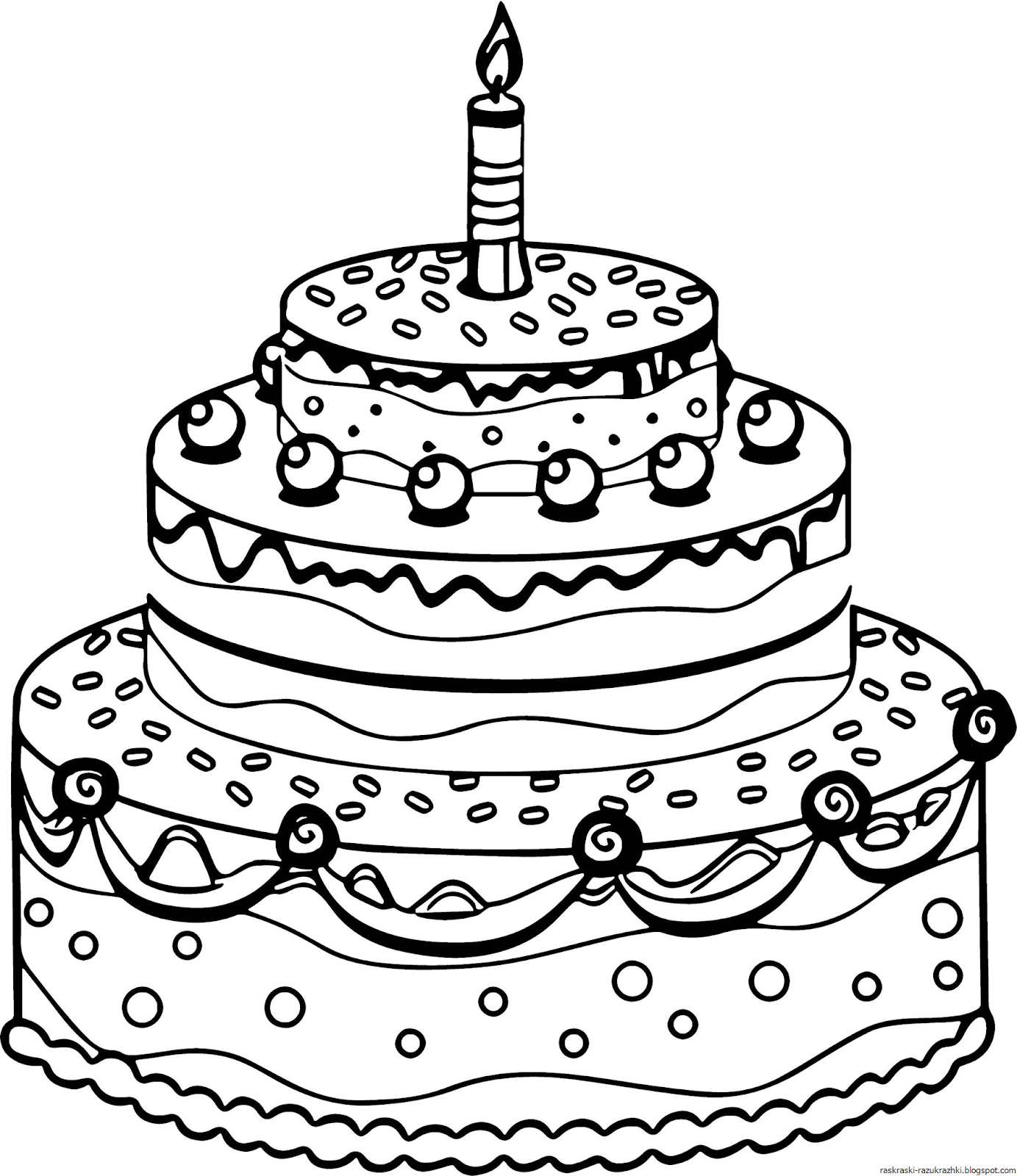 Цветная страница раскраски торта ко дню рождения