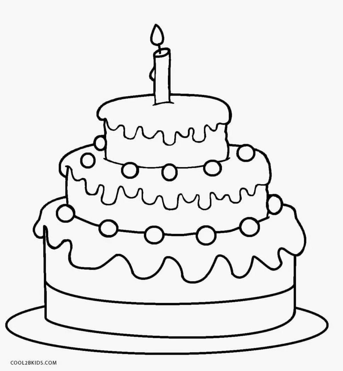 Цветной пышный торт ко дню рождения раскраска