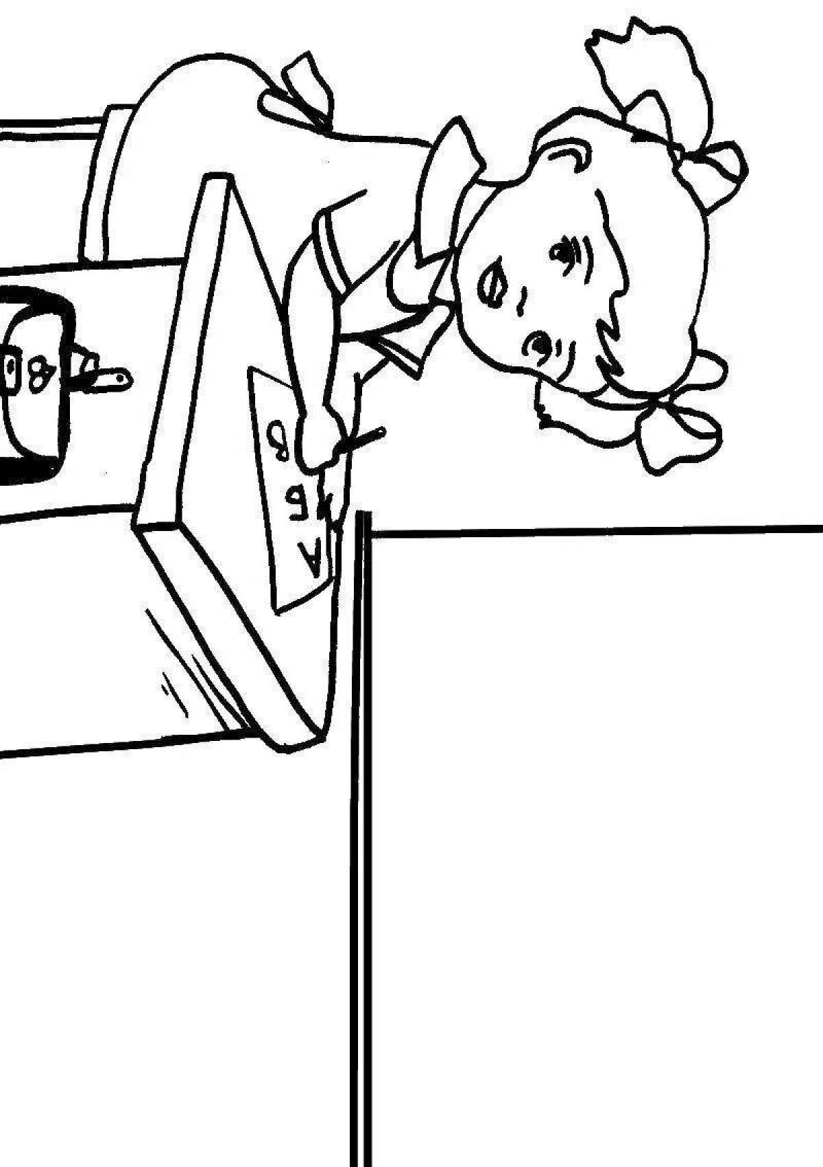 Coloring page of joyful school desk