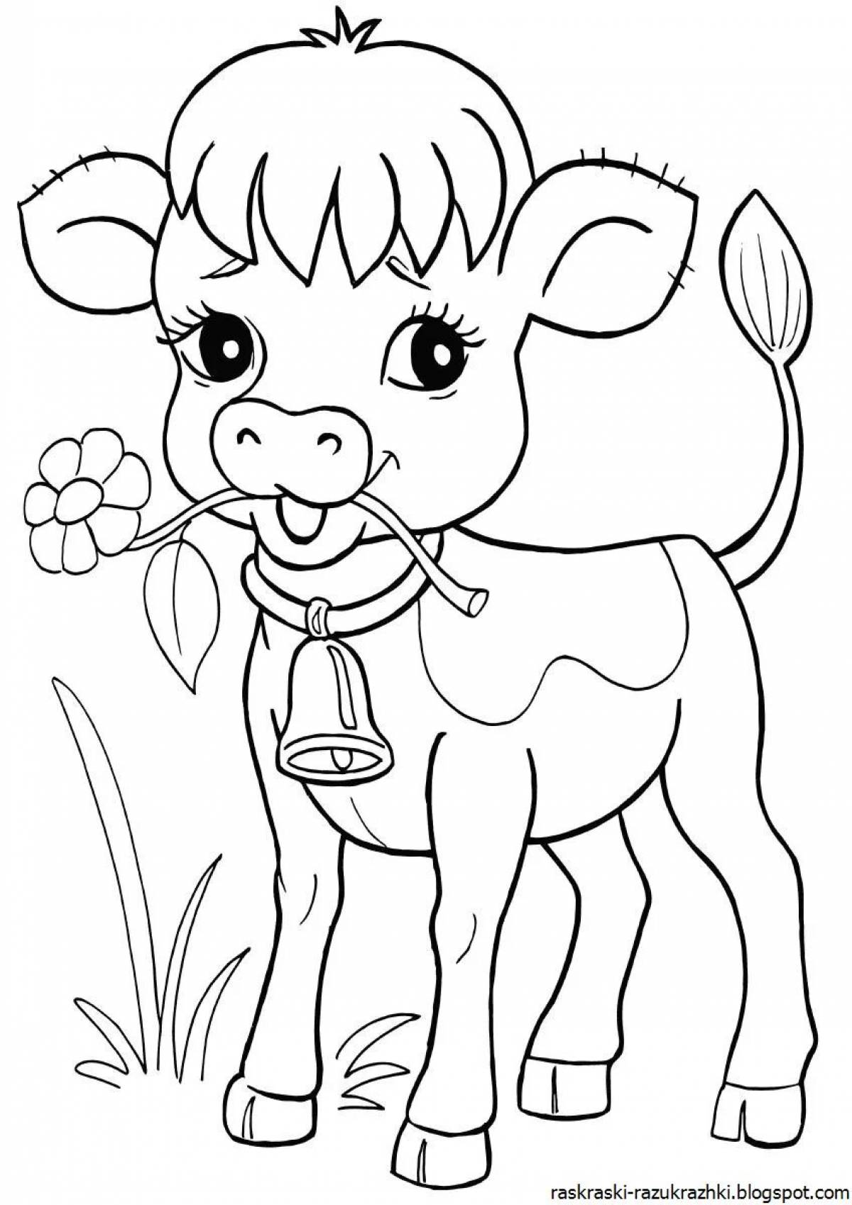 Coloring page glowing cute cow