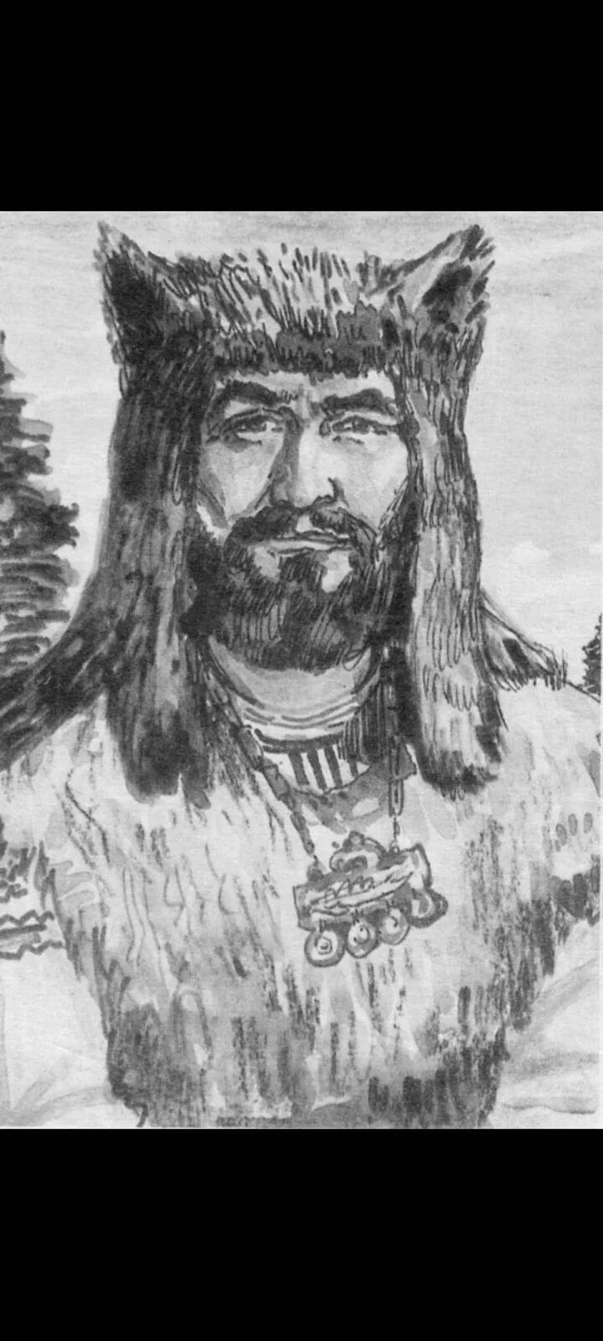 Coloring page richly decorated Udmurt batyrs