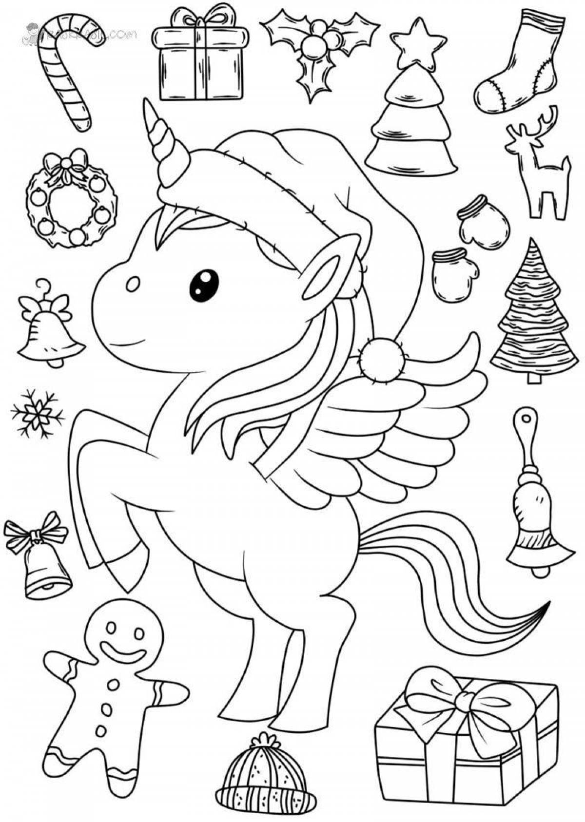 Adorable unicorn Christmas coloring book