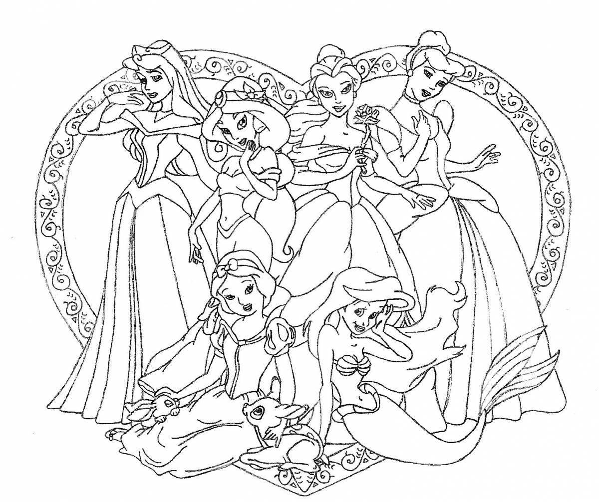 Beautiful coloring page of all disney princesses