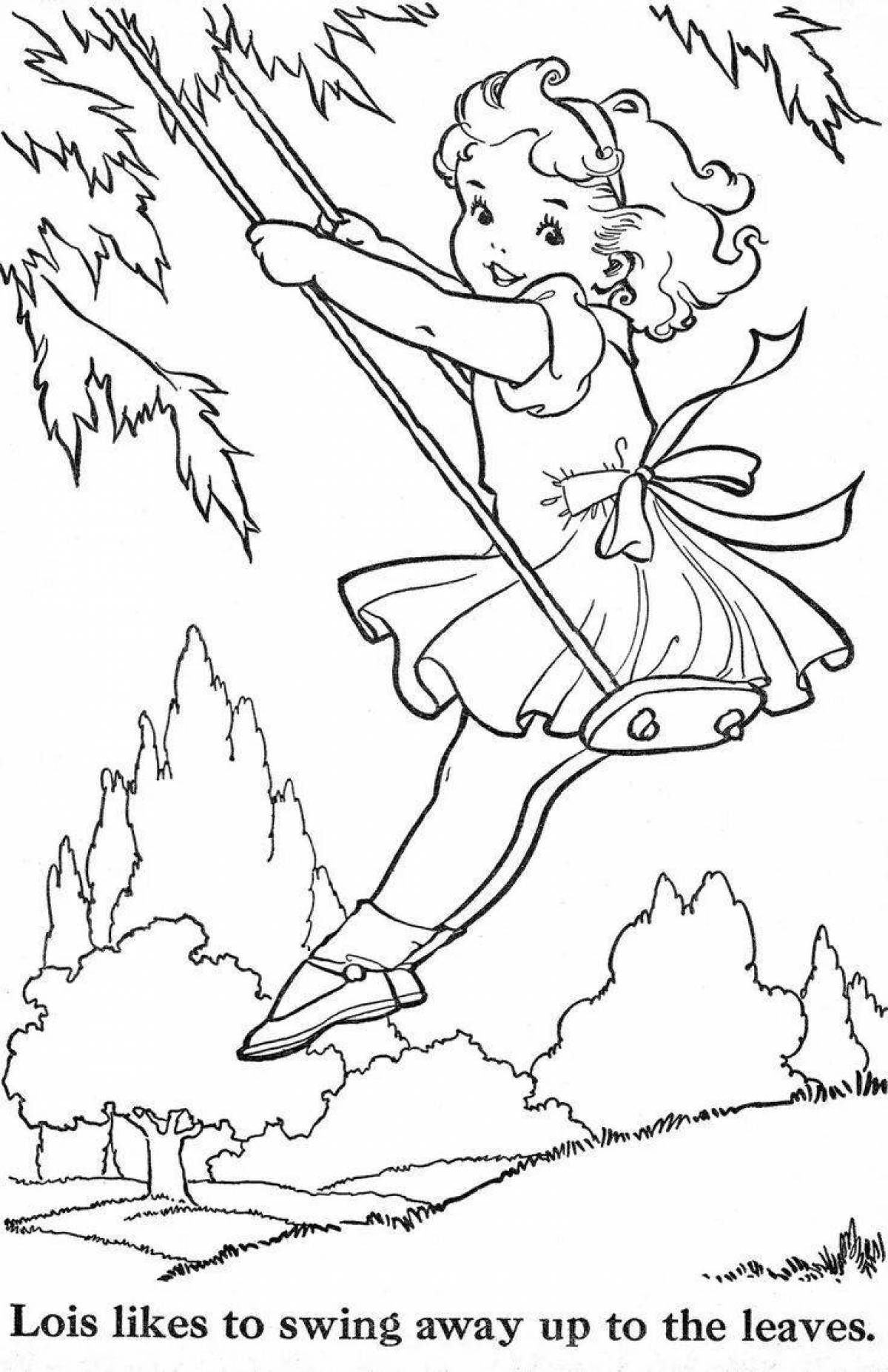Coloring page joyful girl on a swing