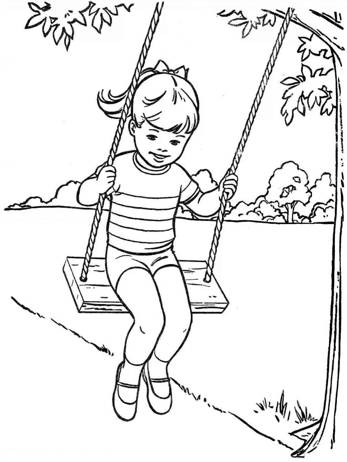 Coloring page charming girl on a swing