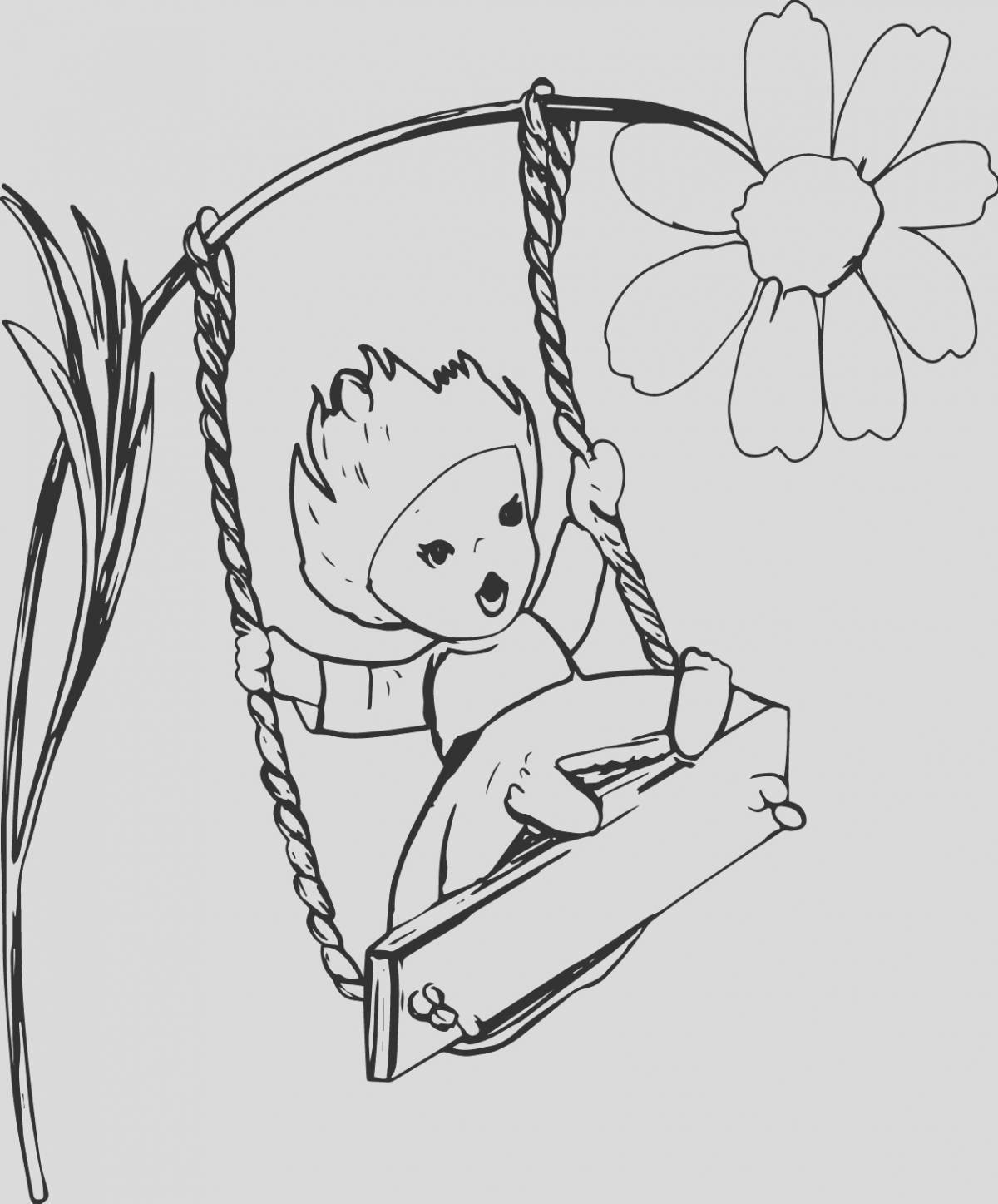Coloring page cheerful girl on a swing