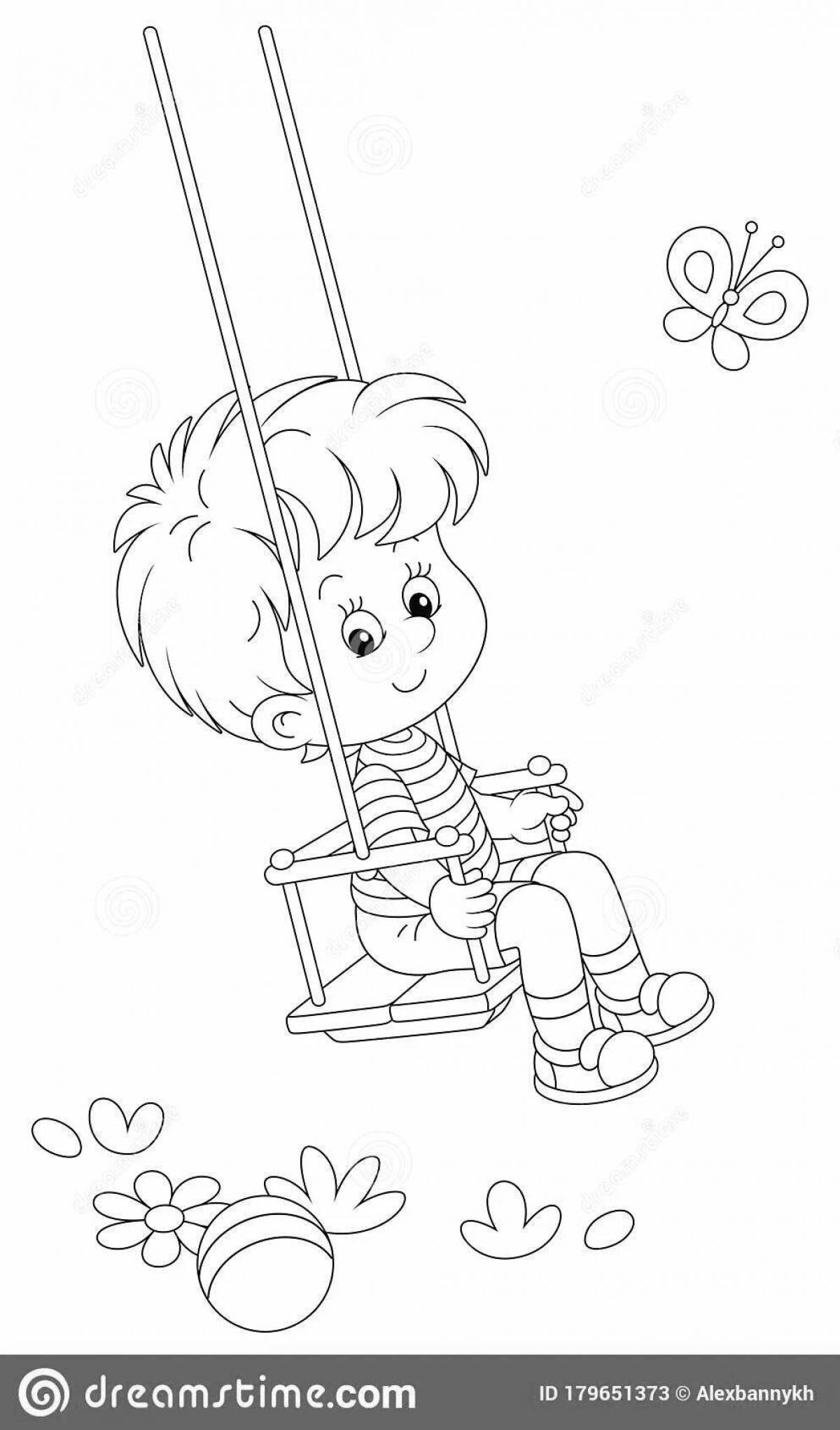 Coloring page playful girl on a swing