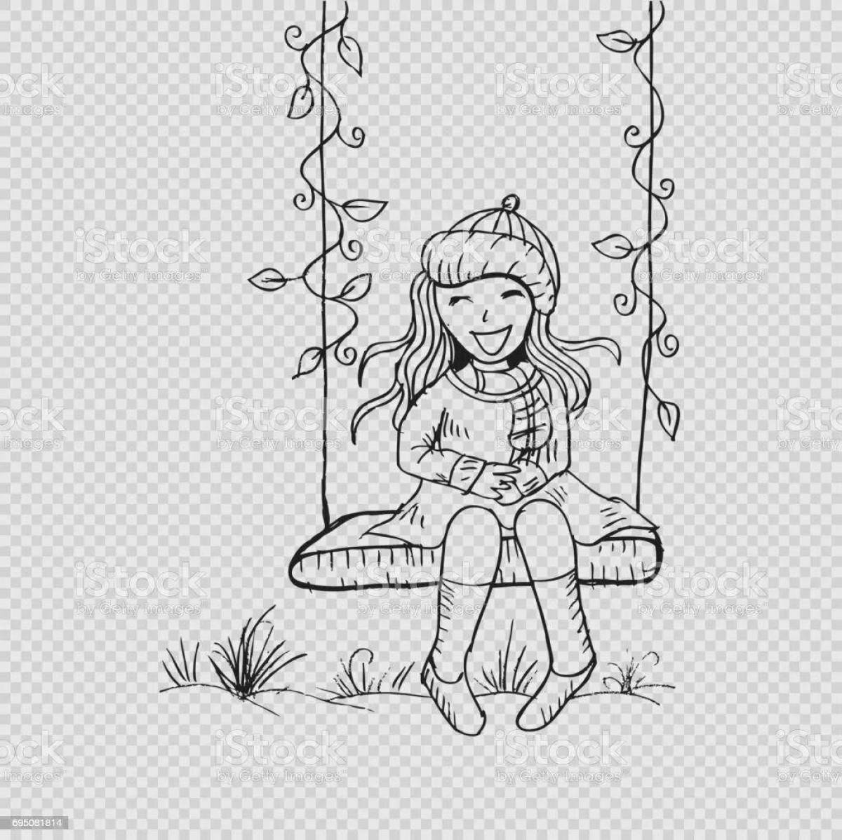 Coloring live girl on a swing