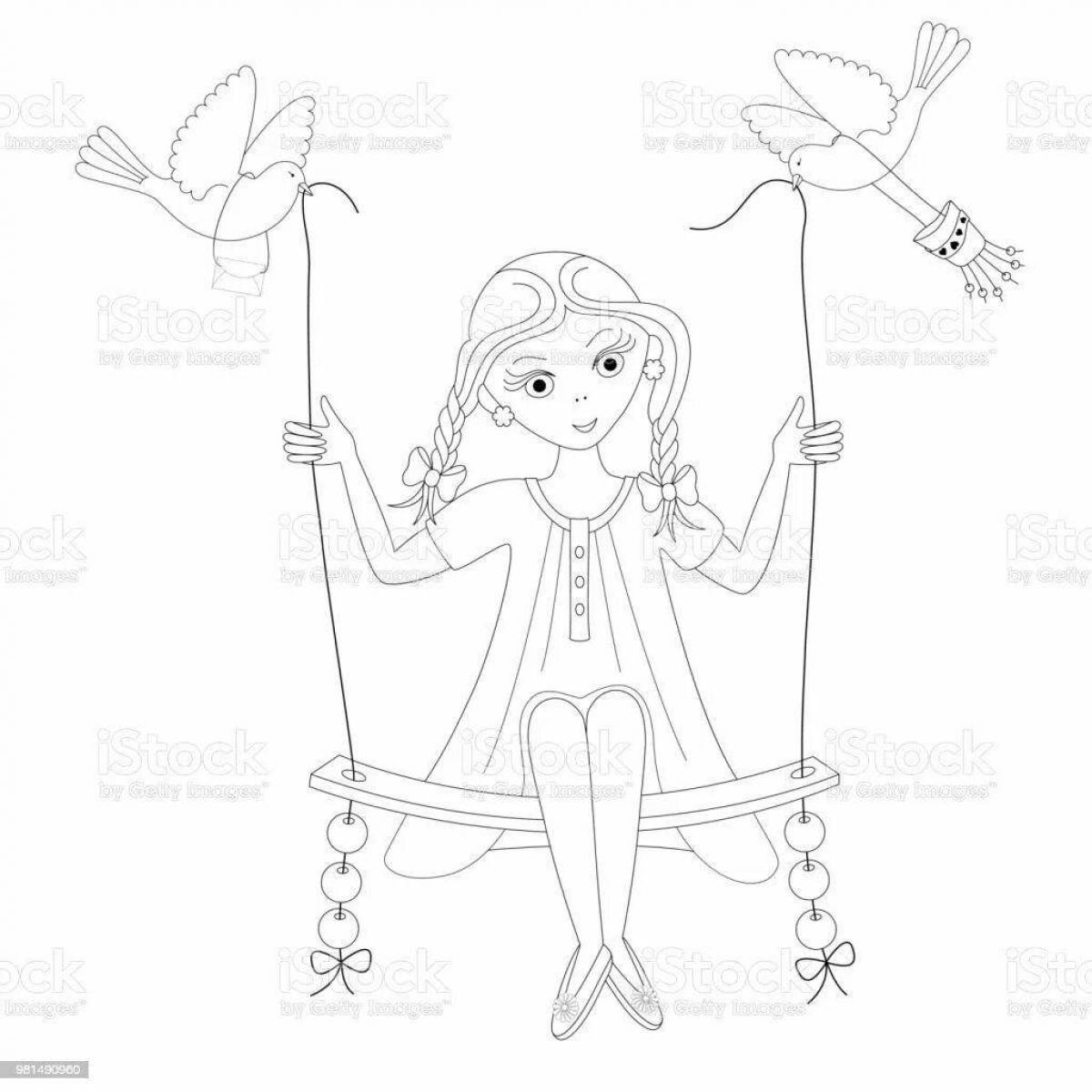 Coloring page energetic girl on a swing