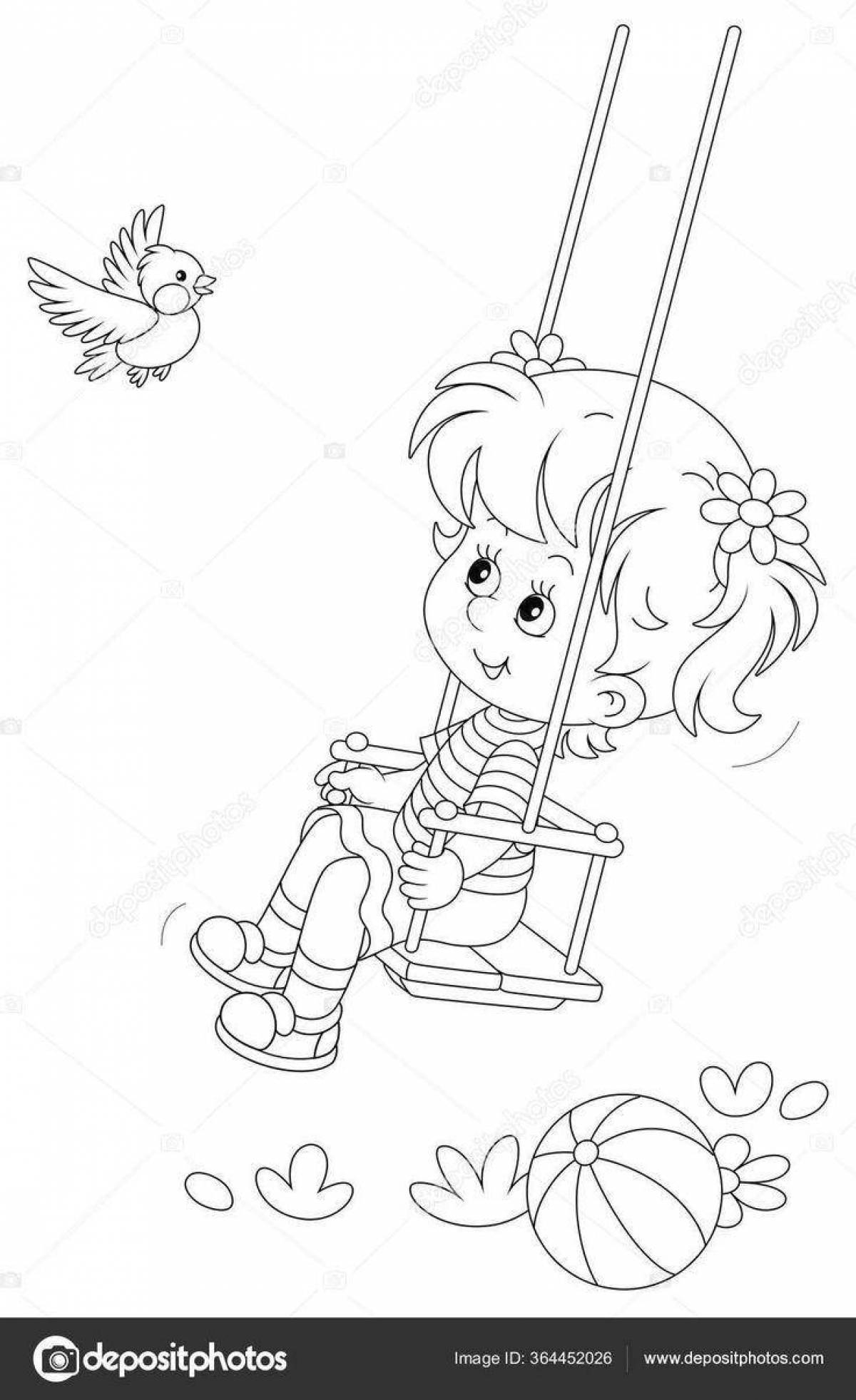 Раскраска анимированная девочка на качелях