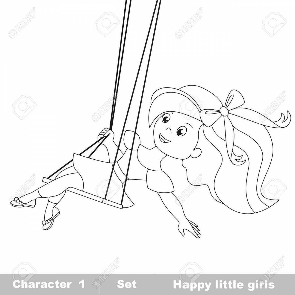 Coloring page blissful girl on a swing