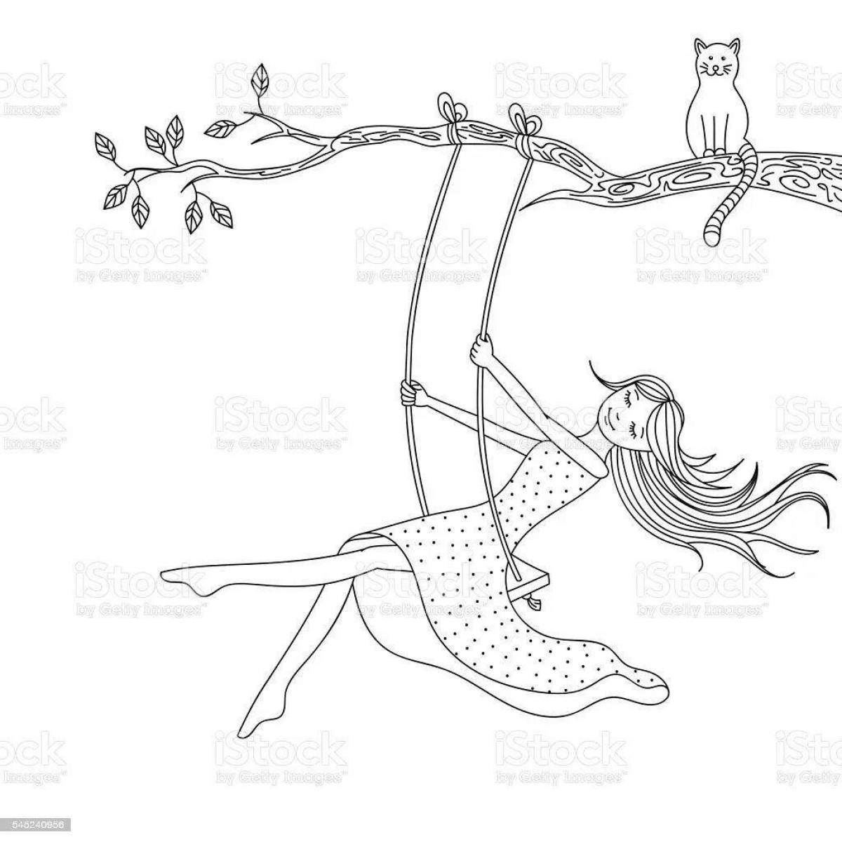 Coloring page shining girl on a swing