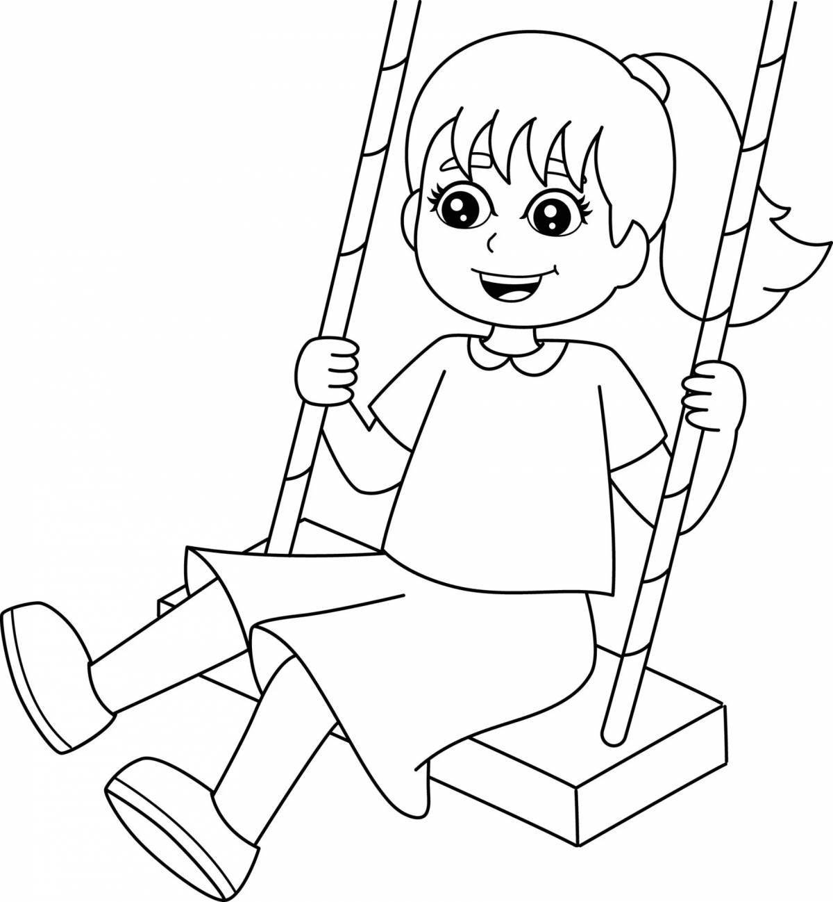 Funny girl on a swing coloring book
