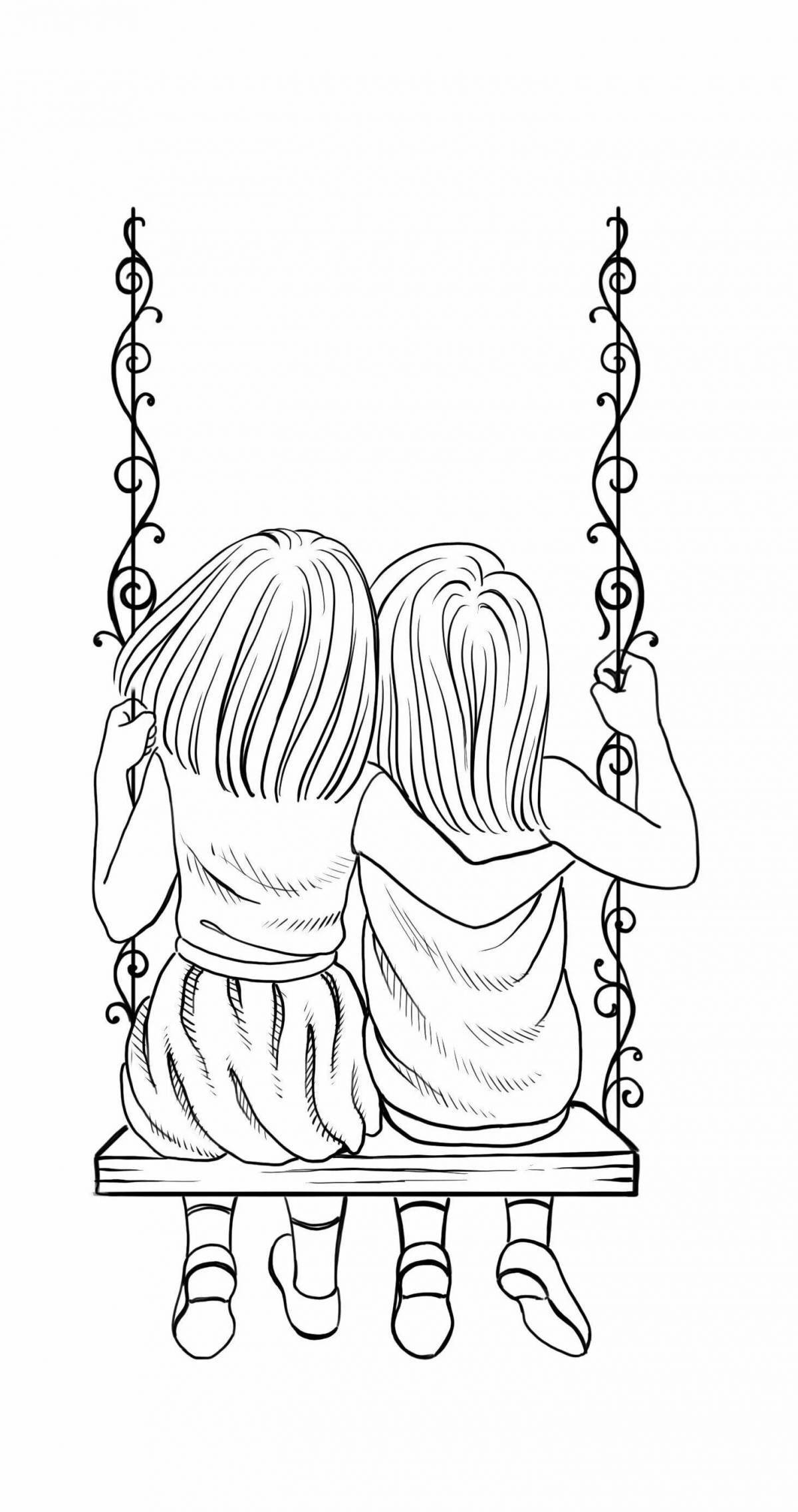 Coloring page excited girls on a swing