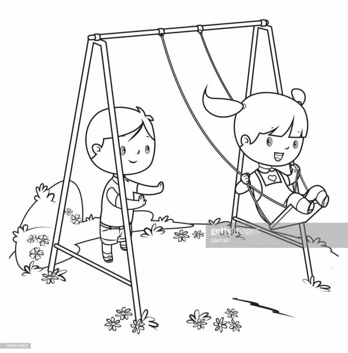 Animated girl on a swing coloring book