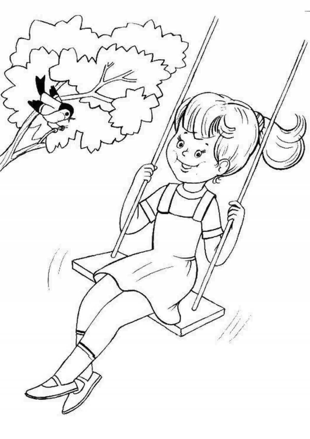 Coloring page excited girl on a swing