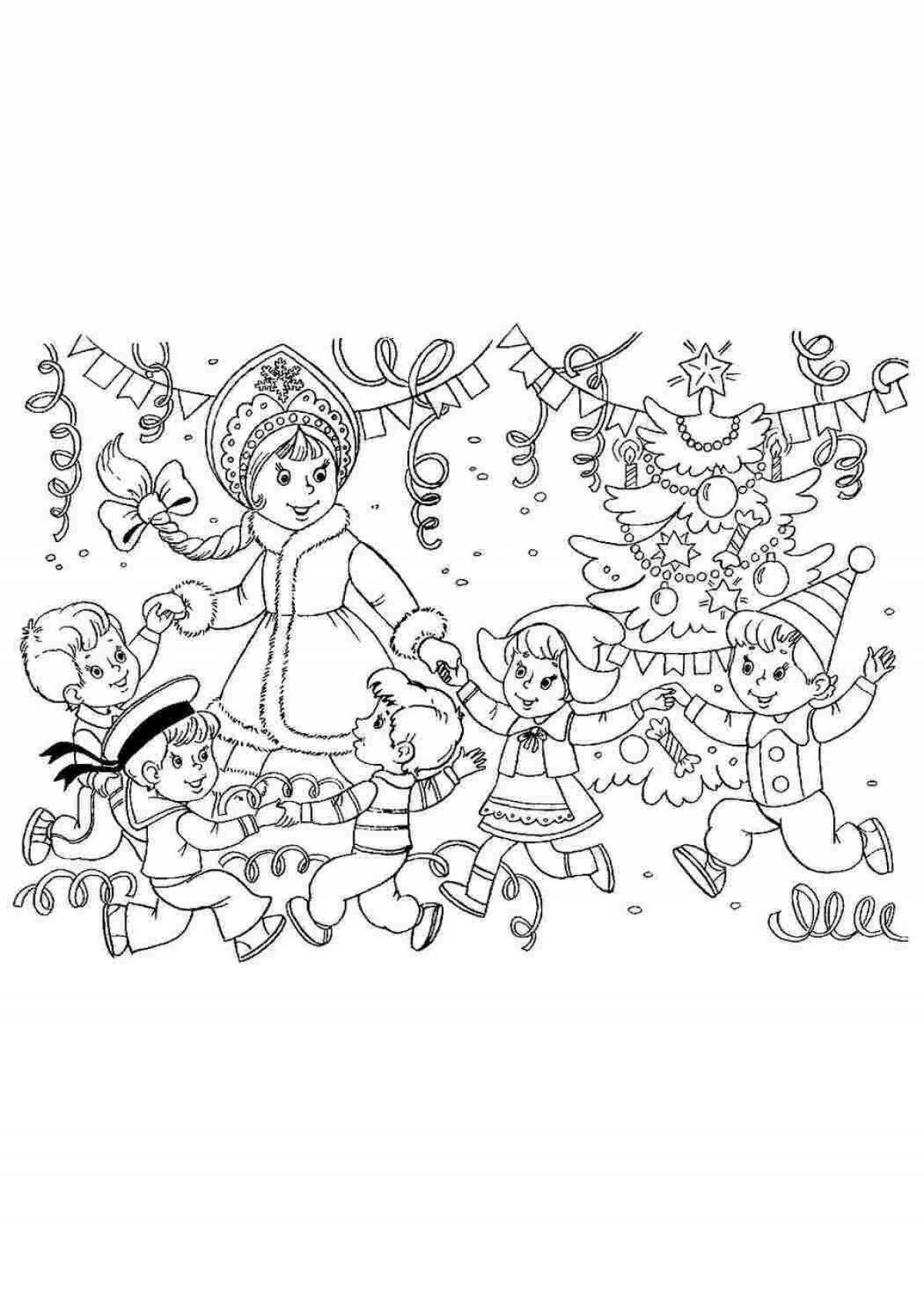 Coloring page joyful round dance around the Christmas tree