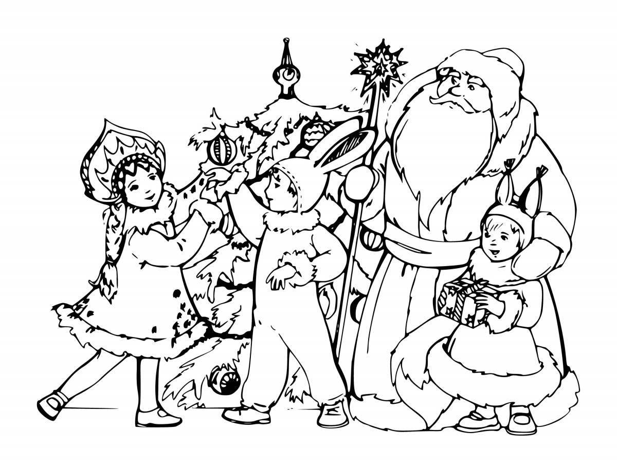 Coloring page festive round dance around the Christmas tree