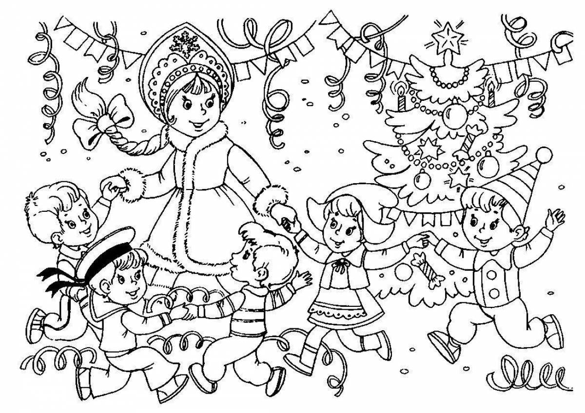 Coloring page magic round dance around the tree