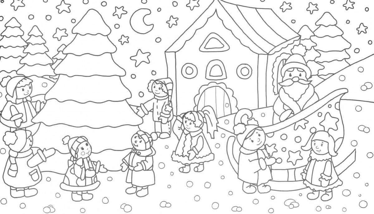 Coloring page jubilant round dance around the tree