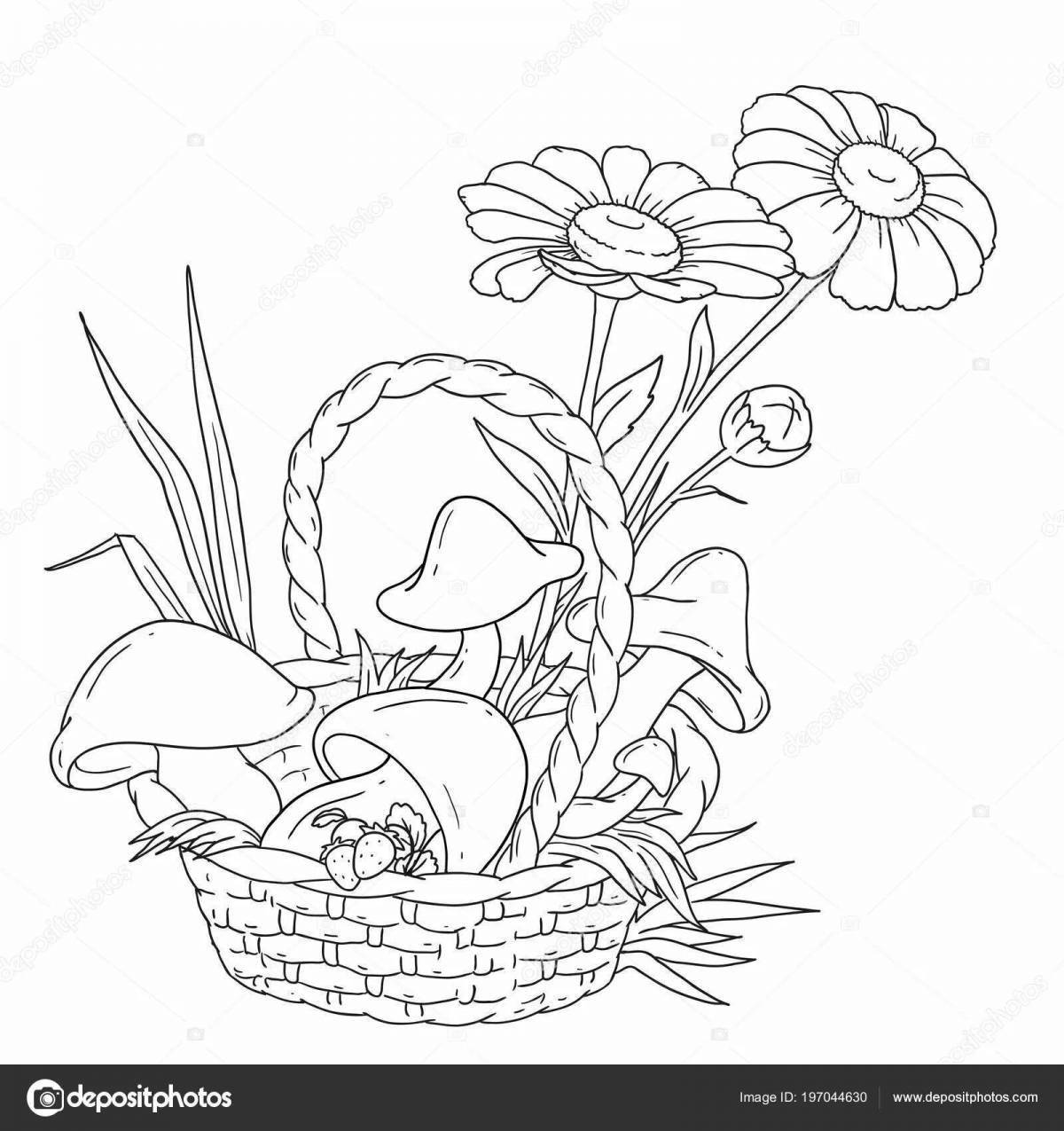Coloring fairy basket with mushrooms