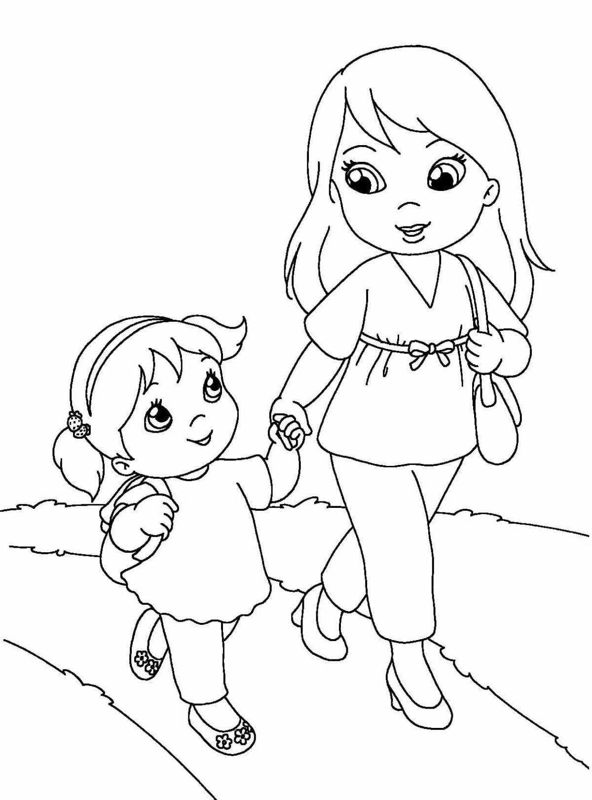 Coloring playful mother and daughter