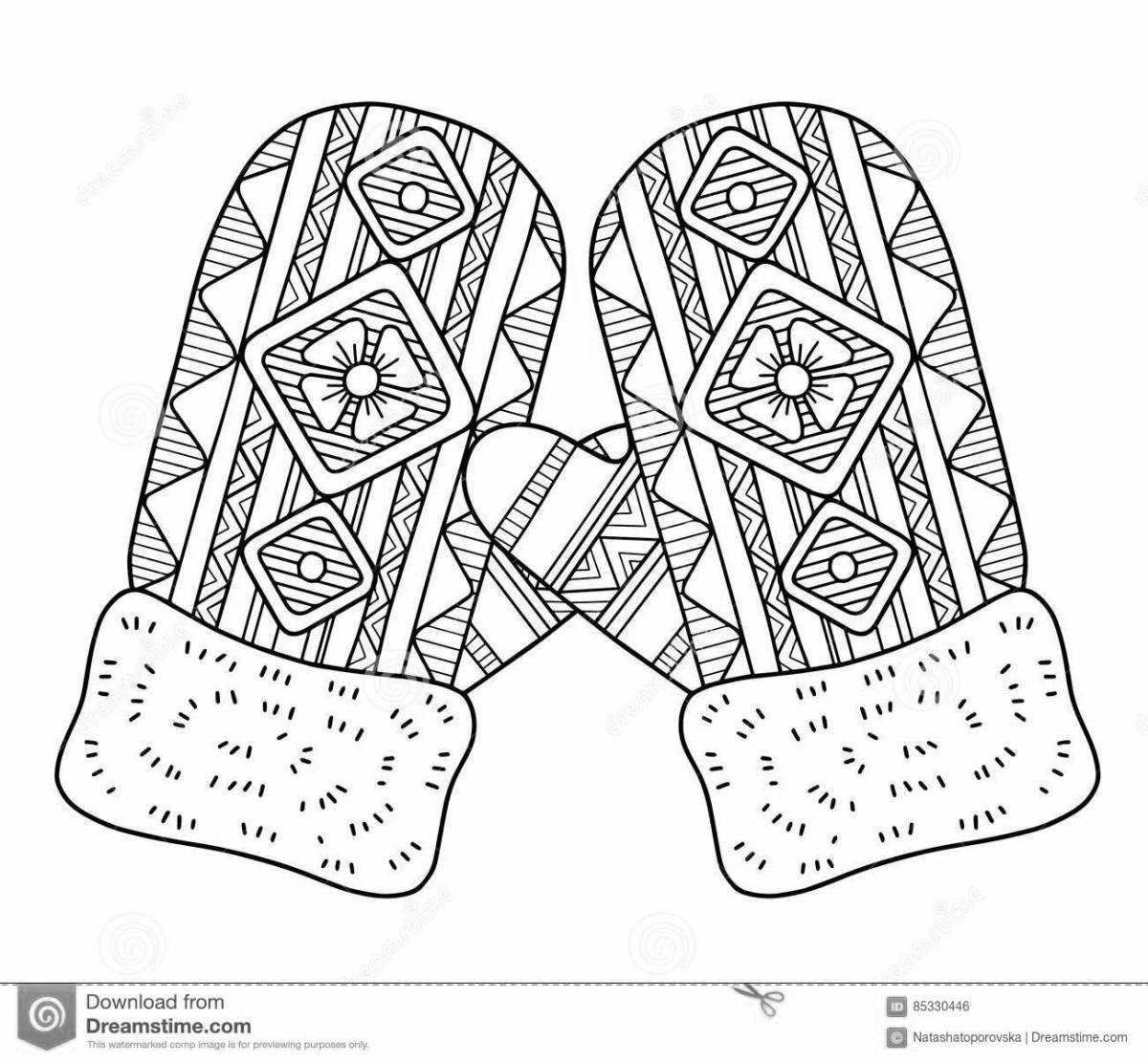 Coloring page of mittens with live pattern