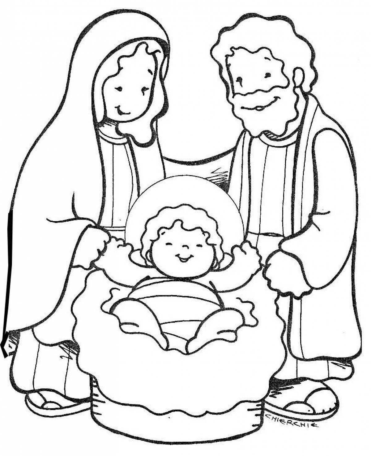 Coloring book divine illustration of the birth of jesus christ