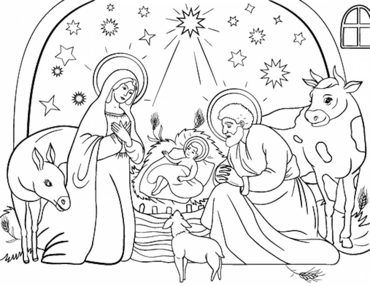 Coloring book glowing illustration of the birth of jesus christ