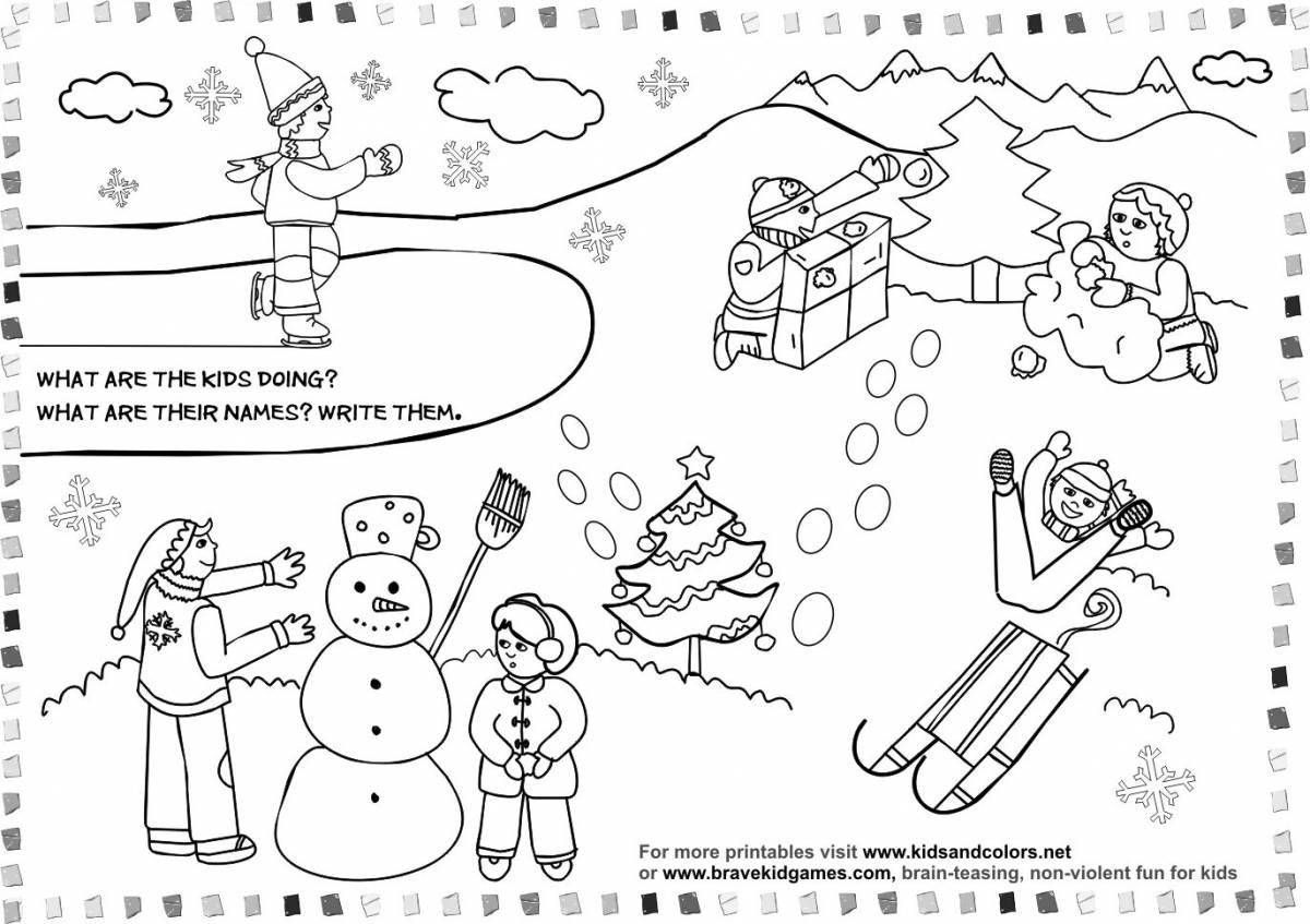 Coloring page quirky snowy town