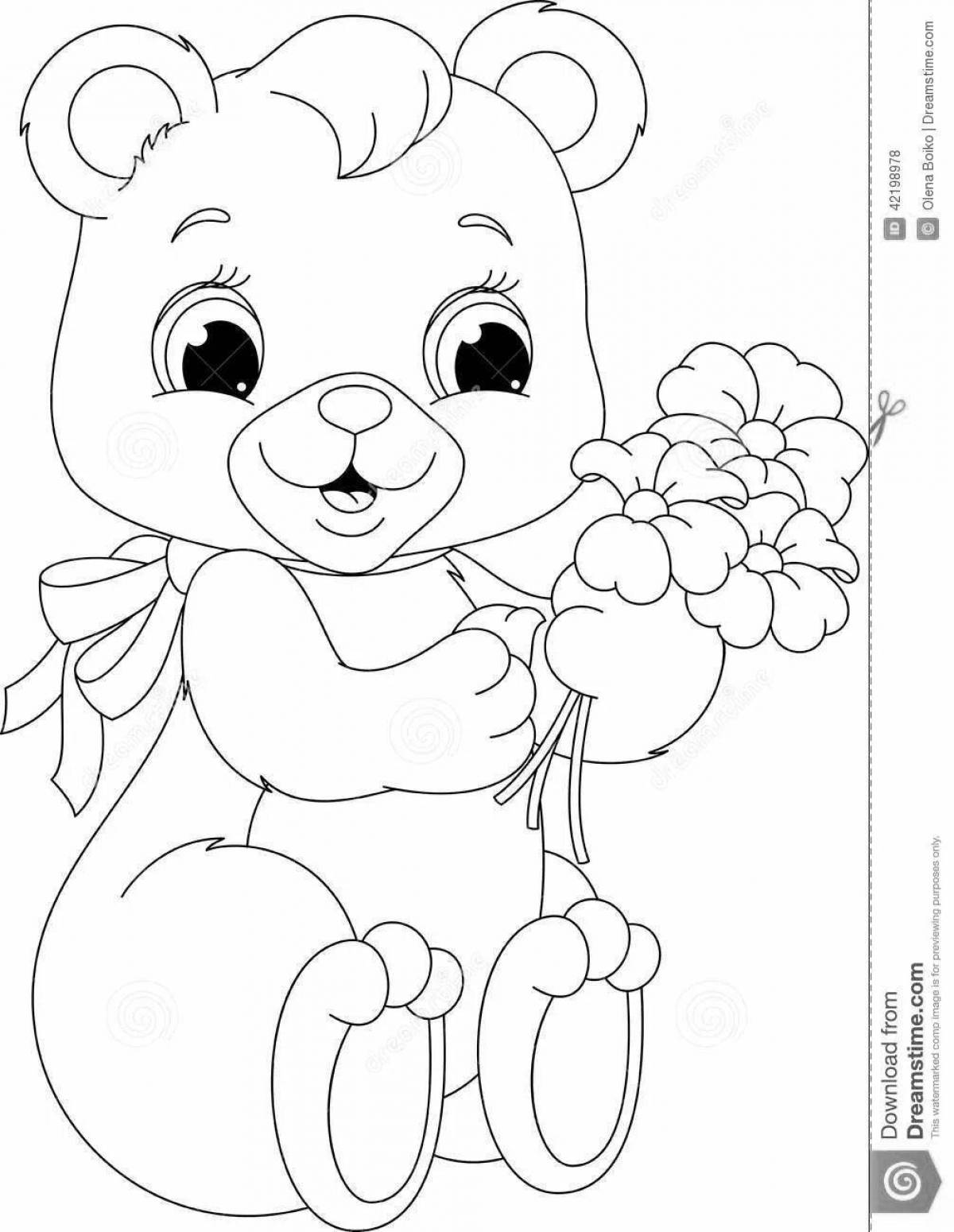 Радостный медведь с бантом раскраска