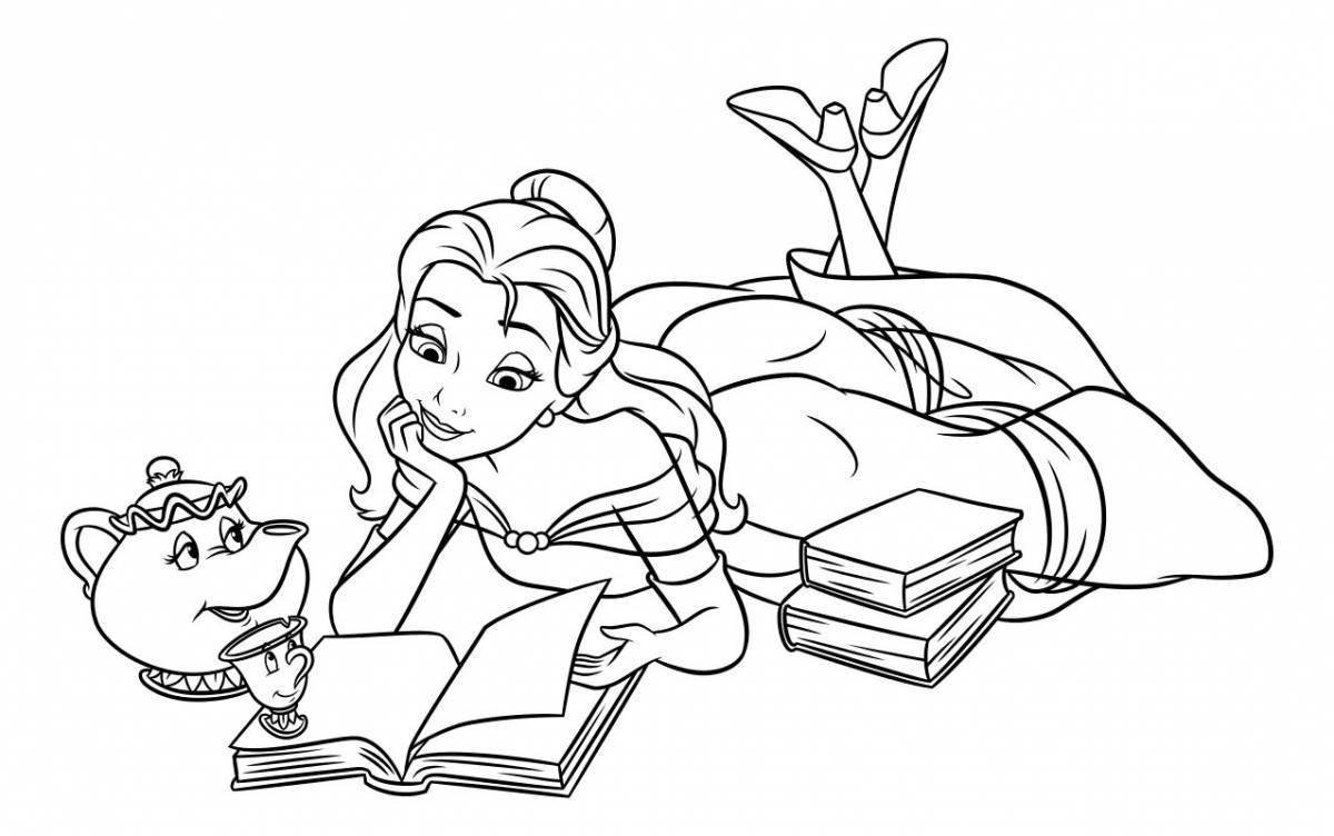 Радостная девочка, читающая книгу раскраска