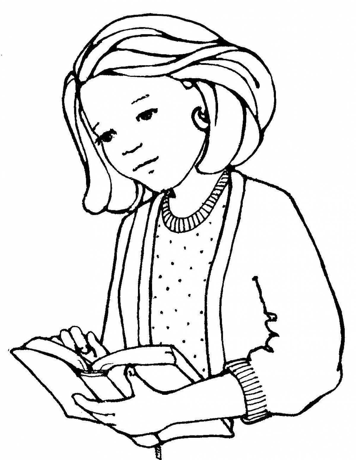 Serene little girl reading a coloring book