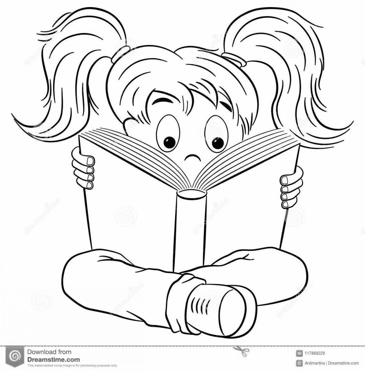 Coloring book enthusiastic girl reading a book