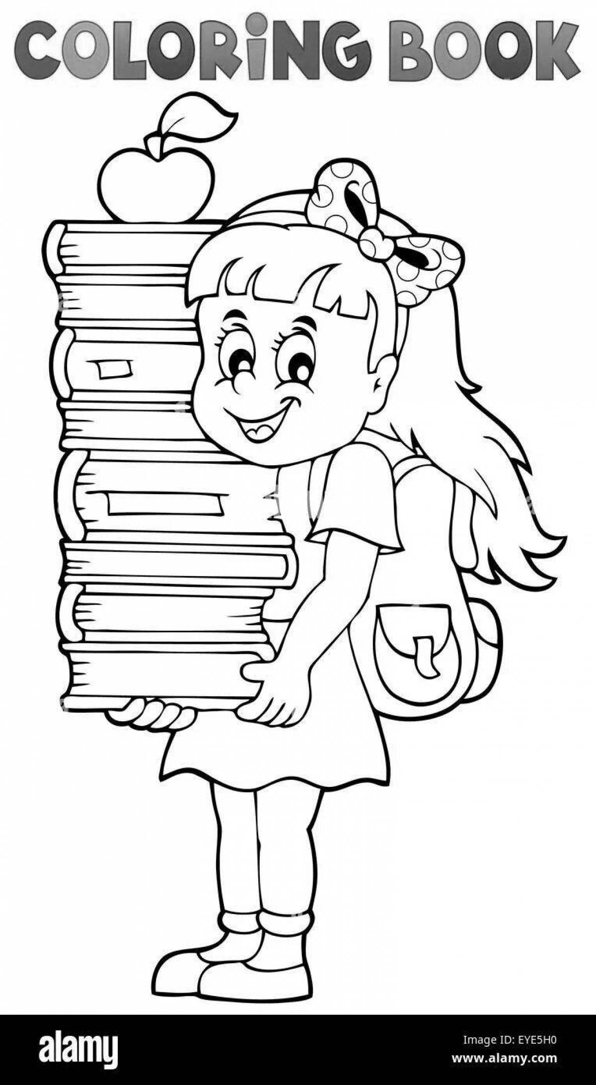 Живая девочка, читающая книгу-раскраску