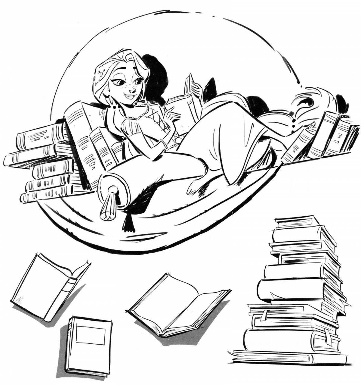 Забавная девочка, читающая книжку-раскраску